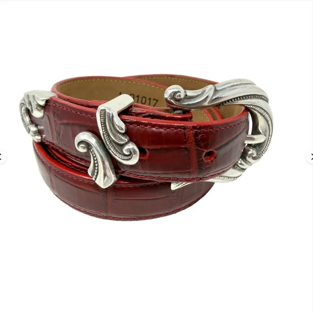 Coldwater Creek Leather Belt Croc Embossed Red Western Buckle‎ L - Picture 2 of 8